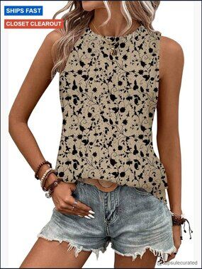 Sleeveless Eyelet Tank Top High Neck Cute Summer Loose Fit S-XXL